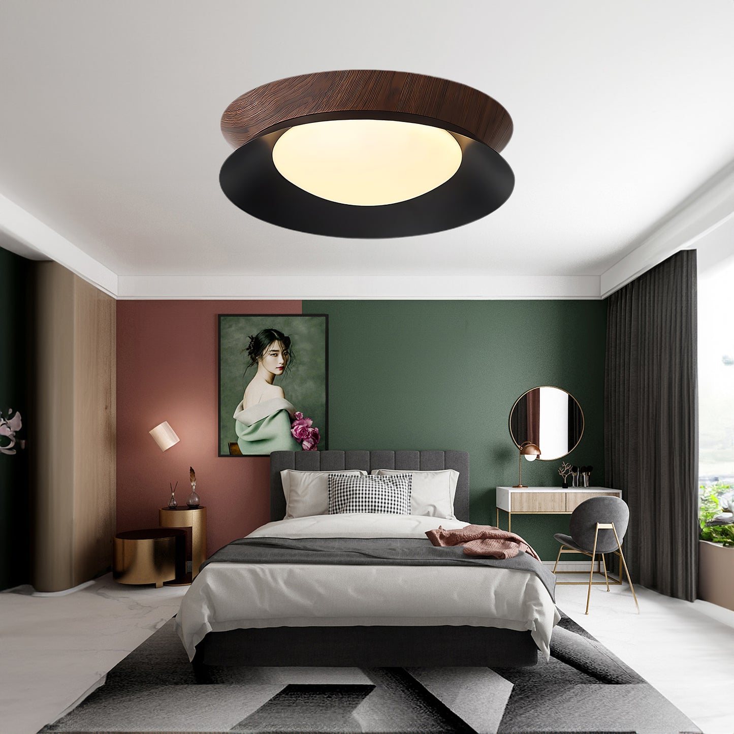 Wood Grain Round Eclectic Metal Ceiling Light