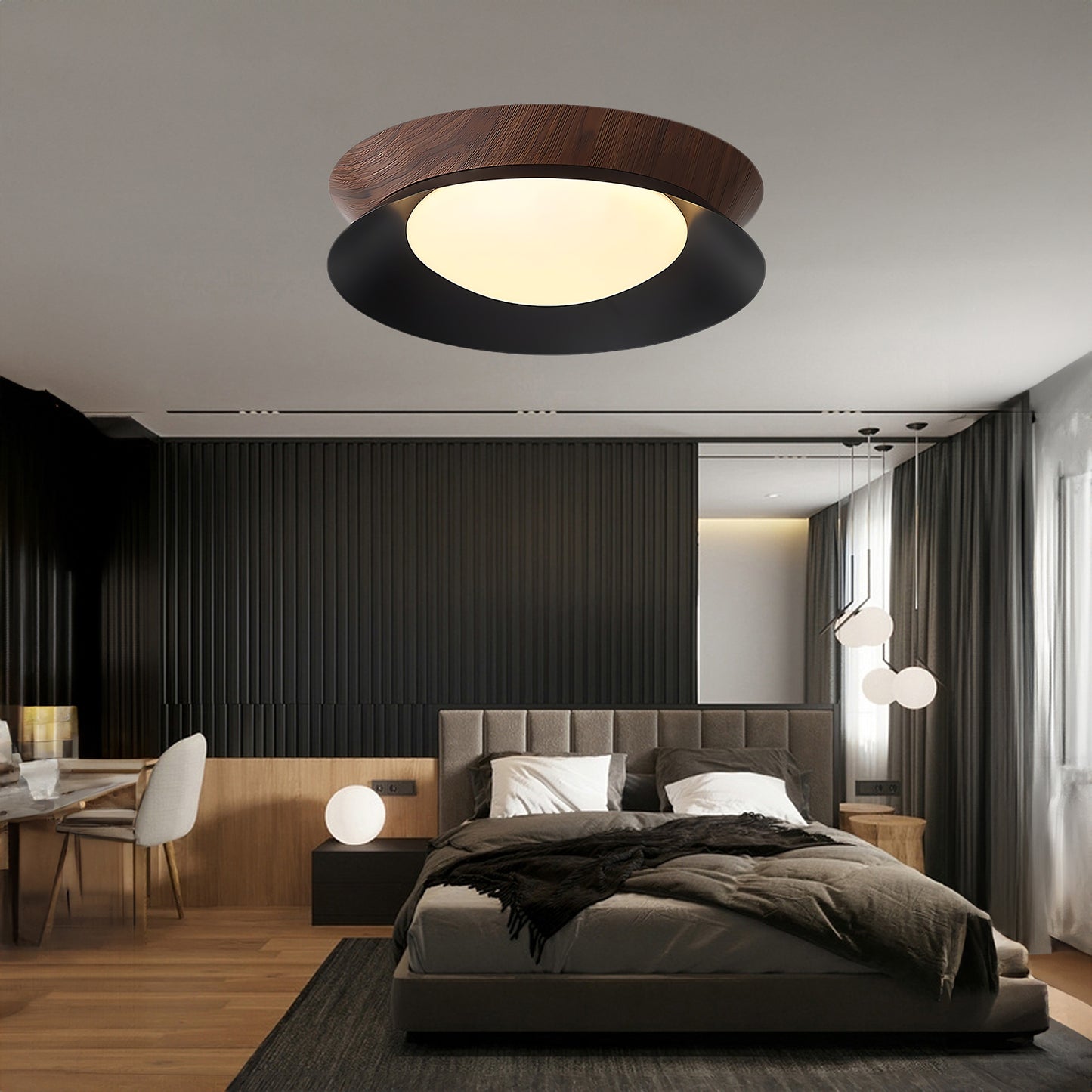 Wood Grain Round Eclectic Metal Ceiling Light