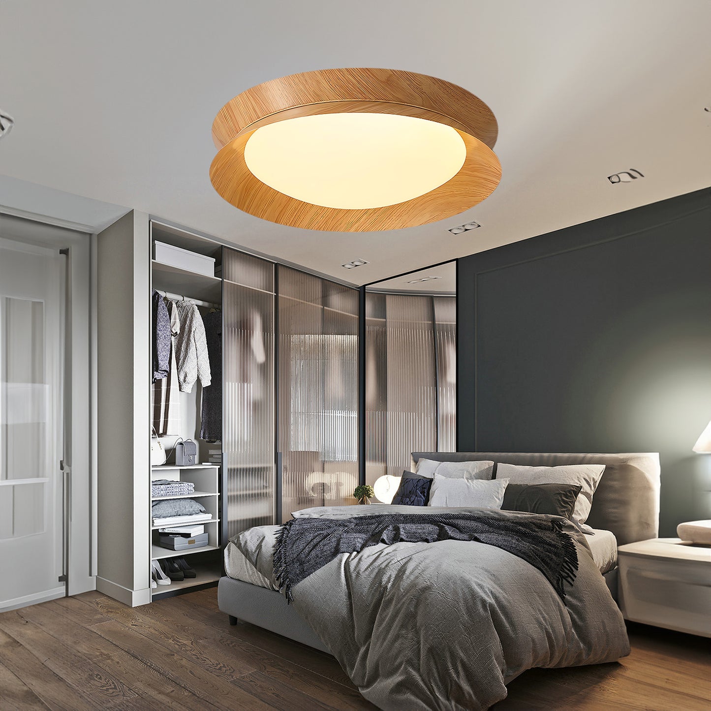 Wood Grain Round Eclectic Metal Ceiling Light