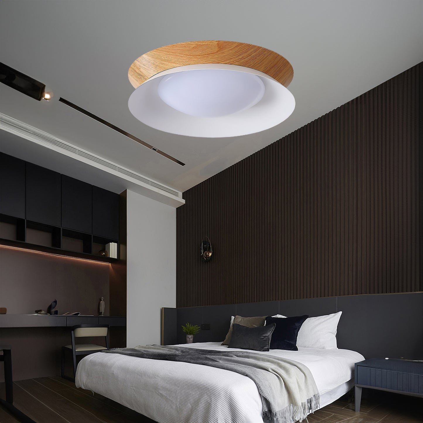 Wood Grain Round Eclectic Metal Ceiling Light