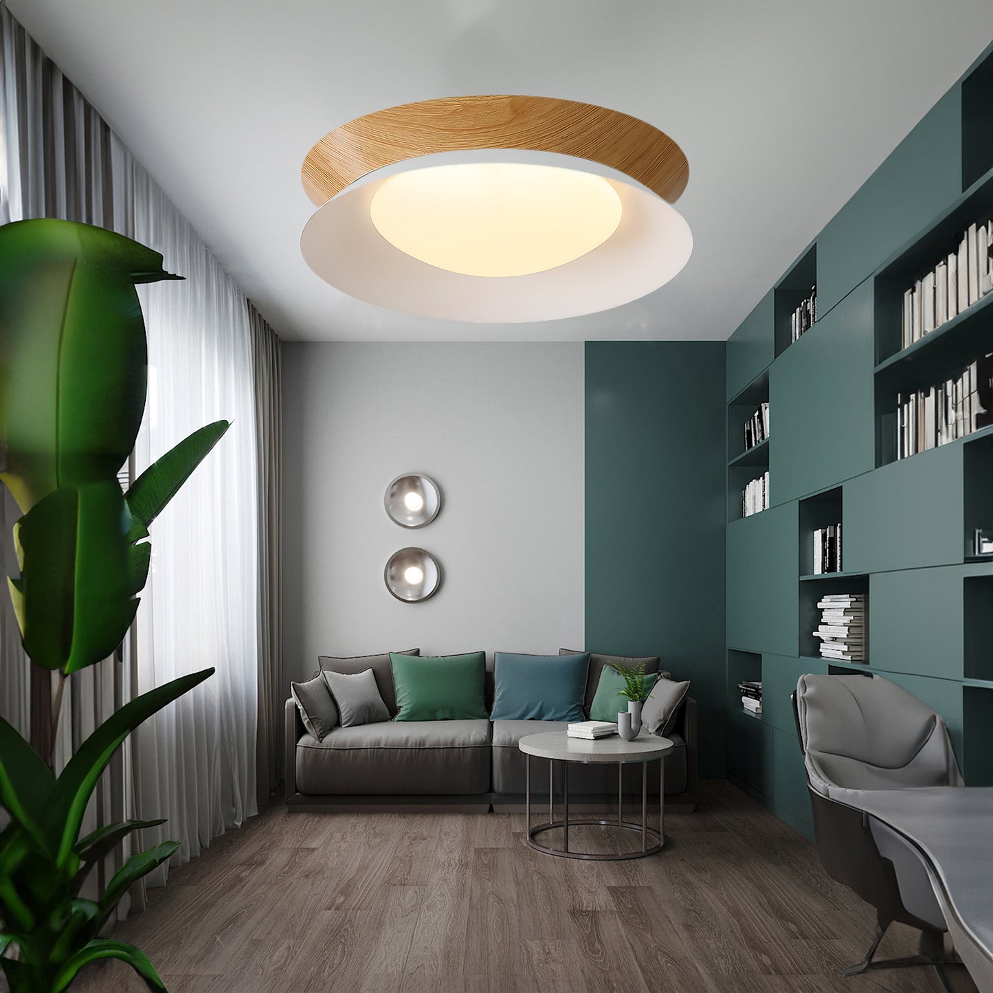 Wood Grain Round Eclectic Metal Ceiling Light