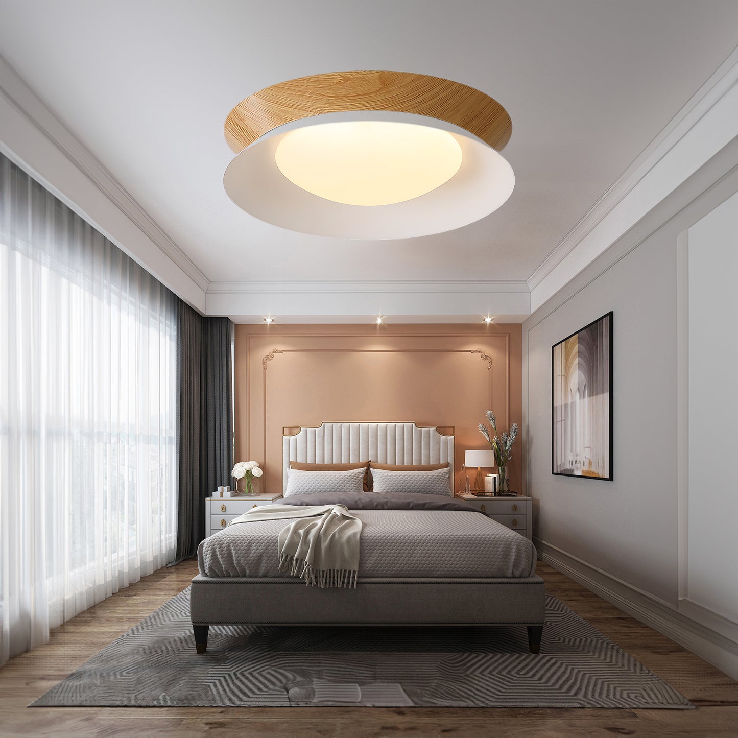 Wood Grain Round Eclectic Metal Ceiling Light