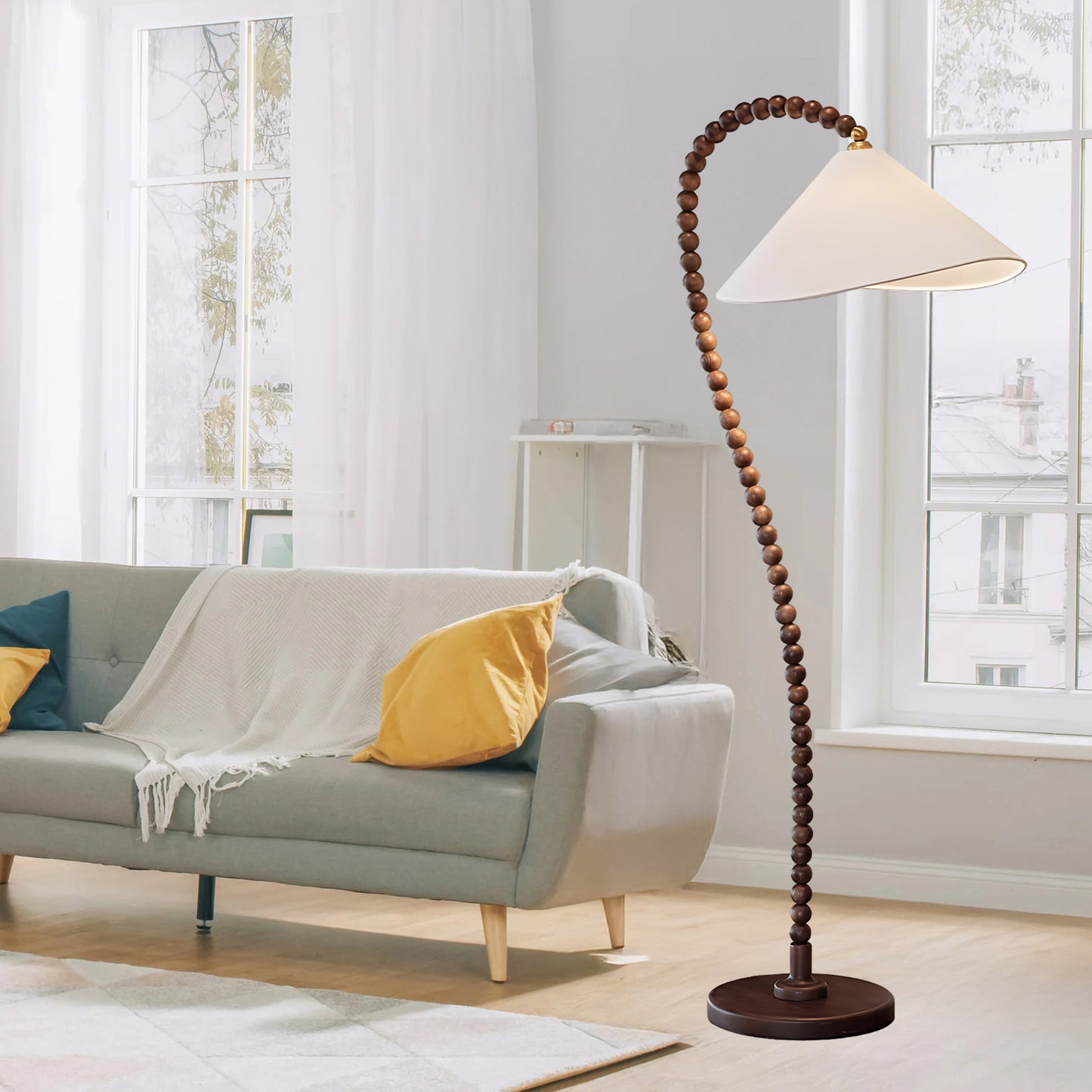 Wooden Bead Eclectic Metal Floor Lamp