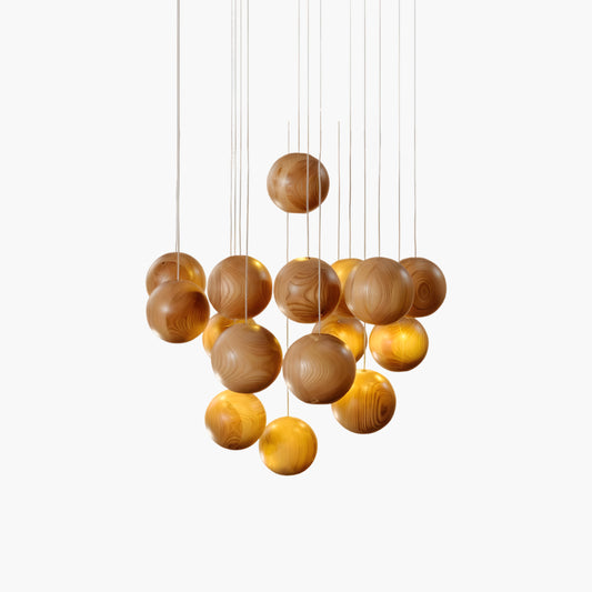 Wooden Orb Sphere Cluster Modern Metal Pendant Light